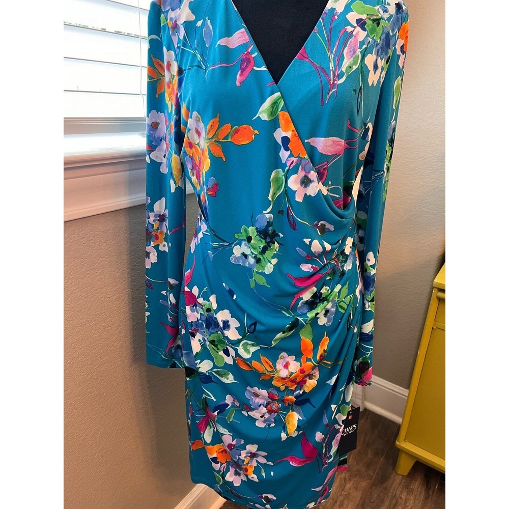NWT Chaps cerulean blue multi color floral wrap midi dress. Poly, spandex. Sz 12